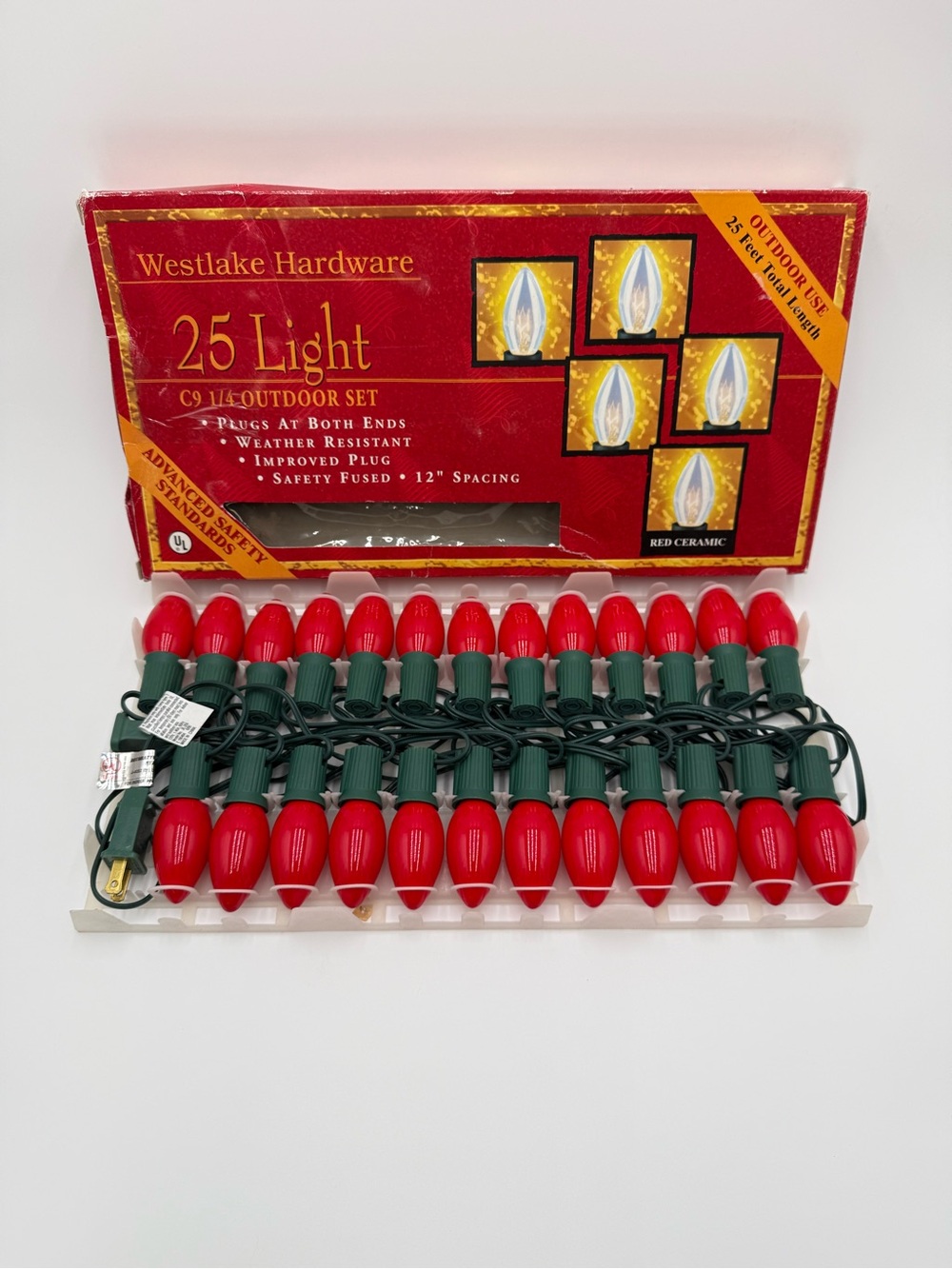 Vintage Westlake Hardware C9 Christmas Lights 25 Red Ceramic Bulbs Outdoor